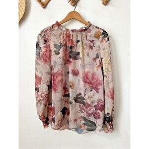 H&M sheer floral long sleeve blouse ruffle‎ neck romantic pink S flowy